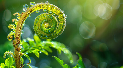 Canvas Print - A delicate fern unfurling, with dew drops glistening in the warm sunlight, embodying the essence of fresh, vibrant, natural growth.