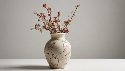 Delicate blooms in a cracked ceramic vase against a white background