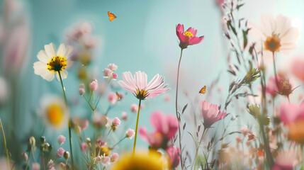 Wall Mural - A field of flowers with butterflies flying around them