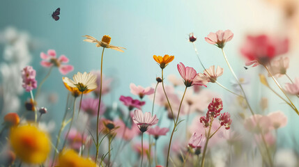 Wall Mural - A field of flowers with a butterfly flying above them