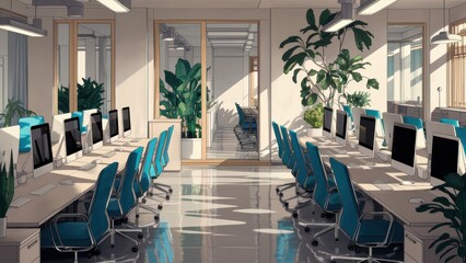 Canvas Print - A large open office with rows of desks and chairs, AI