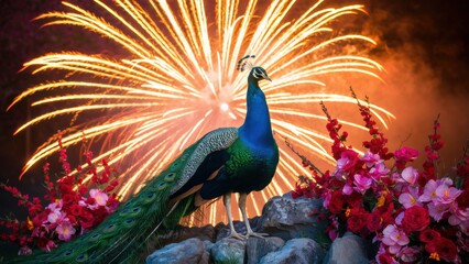 Poster - A peacock standing on a rock with flowers in front of fireworks, AI