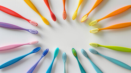 A circle of colorful toothbrushes arranged on a white surface, showcasing an array of vibrant and cheerful hues.