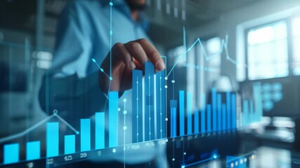 Aufkleber - Businessman interacting with virtual financial graph in modern office. Concept of digital technology, data analysis, and economic growth
