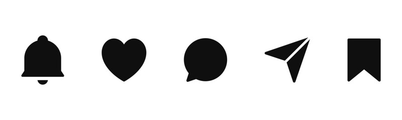 Fototapete - Like, comment, share and save icons set. notification bell icon alarm symbol , love favorite heart flat icons , bookmark icon symbol , post reactions collection set. Vector illustration