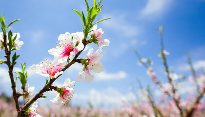 Wall Mural - a branch of a cherry tree with pink flowers in the foreground, and a blue sky in the background, with only a few clouds in the foreground.