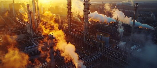 Poster - Impressive aerial view of an industrial oil refinery complex with pipelines, storage tanks, and smoke at sunrise