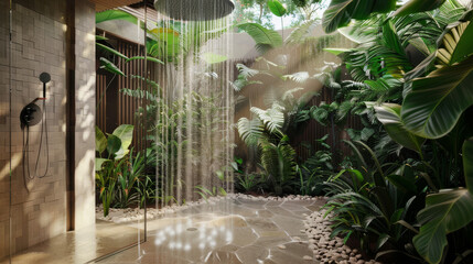 A modern shower surrounded by lush greenery creates a serene, natural bathroom space with a tranquil ambiance.