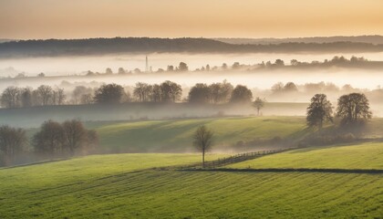 Naklejka na meble A serene morning fog envelops the rolling hills of a lush, green meadow