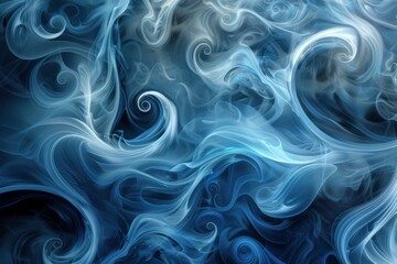 Poster - Abstract blue smoke is swirling and forming waves in front of a black background