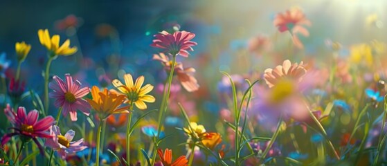 Canvas Print - flowers meadow comes alive in this closeup macro of a flower field in sunlight: spring or summer garden background perfect for nature-inspired designs