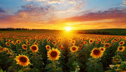 Wall Mural - Beautiful sunset over big golden sunflower field in the countryside