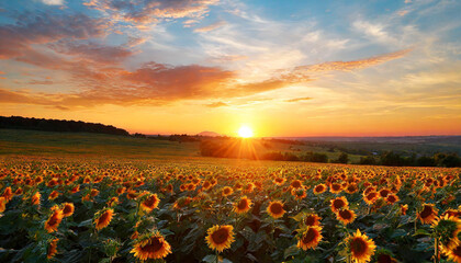 Wall Mural - Beautiful sunset over big golden sunflower field in the countryside