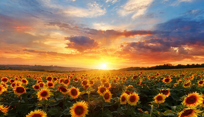 Wall Mural - Beautiful sunset over big golden sunflower field in the countryside