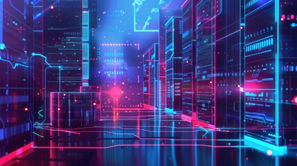 Wall Mural - Digital Cityscape - Neon Lights and Binary Code