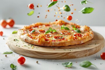 Wall Mural - Freshly Baked Pizza with Flying Ingredients