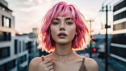 Canvas Print - A woman with pink hair standing in a city street, AI