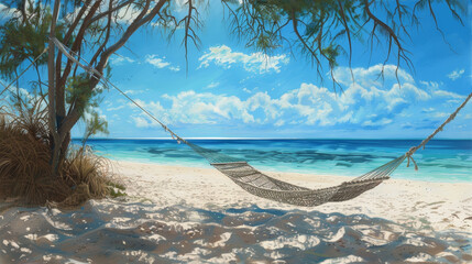 A painting of a beach with a hammock hanging from a tree