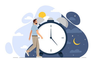 Man with circadian rhythm concept. Young guy walk near clocks. Healthy lifestyle and proper daily routine. Quality sleep and dream. Night and day circle. Cartoon vector illustration