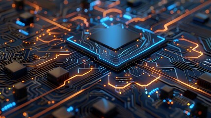 Poster - Futuristic Circuitry with Glowing Microchip