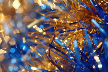 Poster - Blue and gold tinsel creating an abstract christmas background with sparkling lights