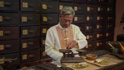 Wall Mural - Medium shot of senior Asian herbalist putting dried ingredients on scales while working at alternative medicine apothecary