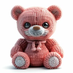 Canvas Print - AI generated illustration of a cute pink knitted teddy bear with large black eyes