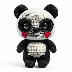 Canvas Print - AI generated illustration of a cute crocheted panda bear plush toy with red heart cheeks