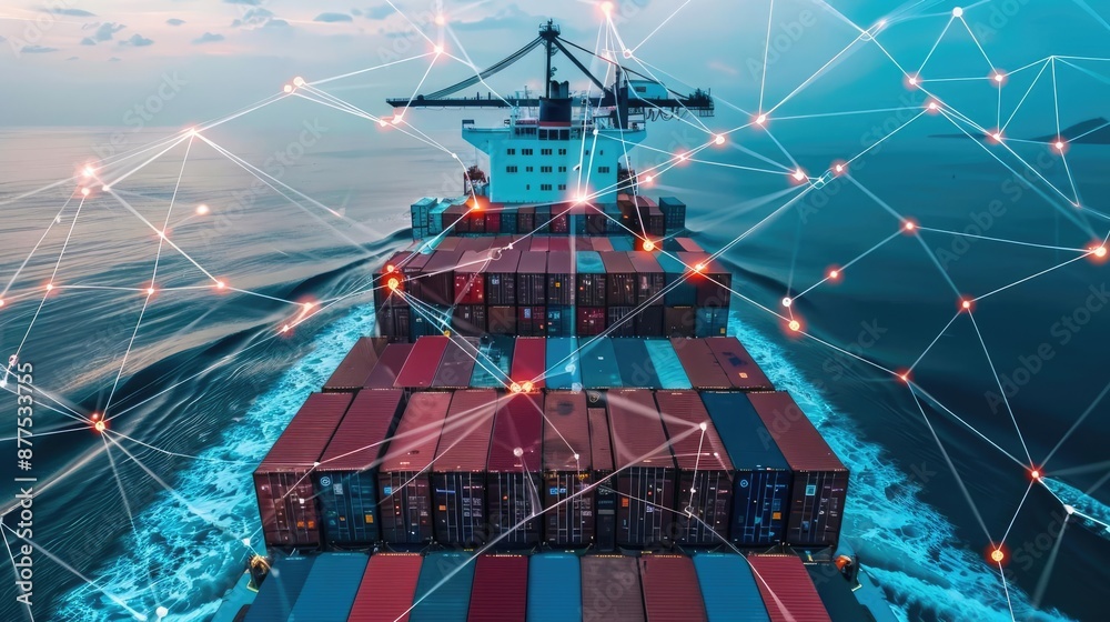 Container ship with digital network lines emerging, representing global ...