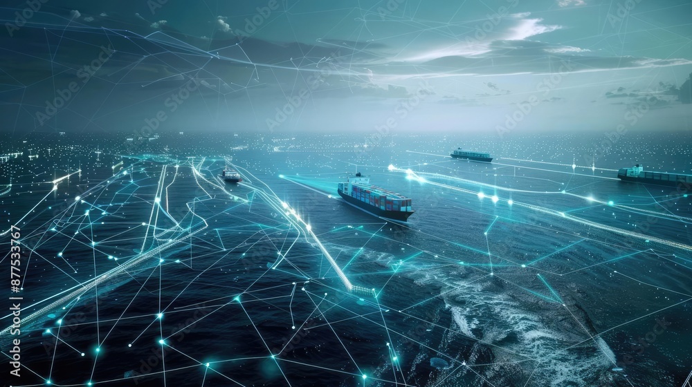 Digital map overlay on ocean showing shipping routes and container ...