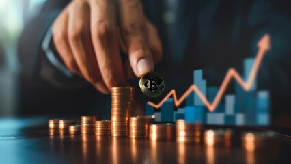 Poster - Close-up of businessman stacking Bitcoin coins with rising financial graph in the background. Cryptocurrency investment and economic growth concept
