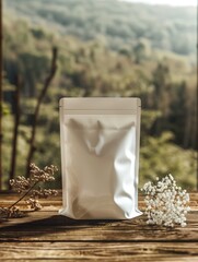 white packaging bag mockup on wooden table, top view with header seal, product presentation image