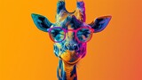 A cheerful giraffe in bright glasses, chewing something.