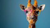 Funny portrait of a giraffe in bright glasses, chewing something