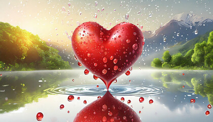 Red heart shaped object with water splashing on it