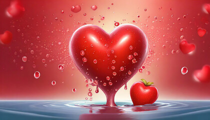 Red heart shaped object with water splashing on it