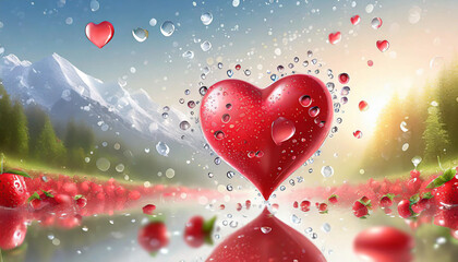 Red heart shaped object with water splashing on it