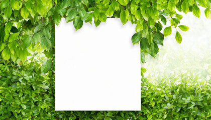 Wall Mural - White billboard on spring summer green leaves background