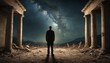© Andrey - A solitary figure amidst the ruins of a lost civilization under a starry night sky