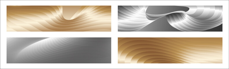 Wavy silver and gold parallel gradient lines, ribbons, silk. Set of 4 backgrounds. Black and white with shades of gray or golden silk. Banner, poster. eps vector