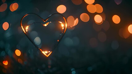 Sticker - Heart silhouette illuminated by glowing lights, with bokeh background, Glowing lights illuminating a heart silhouette against a dark background