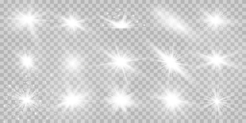 Wall Mural - White glowing light explodes on a transparent background. Sparkling magical dust particles. Bright Star. Transparent shining sun, bright flash. Vector sparkles. To center a bright flash.