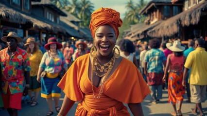 Wall Mural - A woman in orange dress smiling while walking down a street, AI