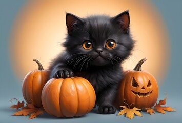 Wall Mural - Halloween card, many pumpkins and a beautiful black cat