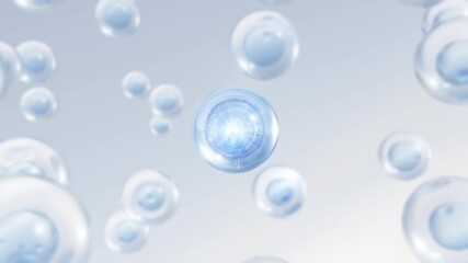 Poster - 3D animation Cosmetics many atoms floating in droplets. Design of collagen bubbles. Design for a moisturizing cream and serum. Concept of vitamins for beauty and health
