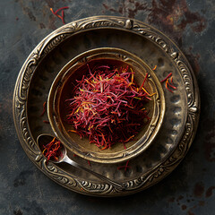 Delicious fragrant saffron close-up in a beautiful antique bowl with a pattern. AI