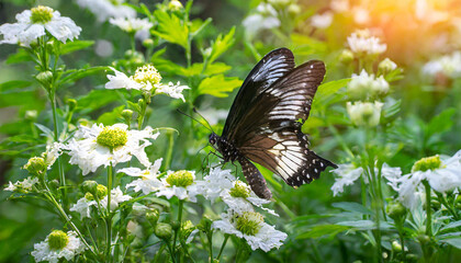 Wall Mural - Morning meadow landscape with flowers and butterflies