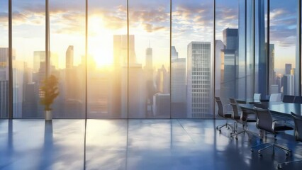 Poster - Spacious conference room with panoramic city view and modern design at sunrise. Bright and inviting workspace for corporate meetings and business discussions. Ideal for professional settings and execu