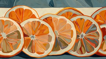   A painting of oranges cut in two on a blue and white backdrop with a white line dividing it