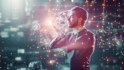 Poster - A man stands in a futuristic city, holding a smartphone in his hand, Harnessing the power of big data to predict and prevent disease outbreaks